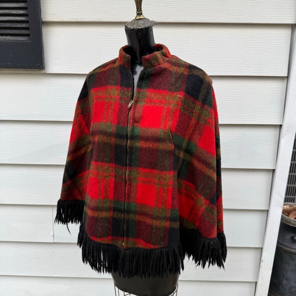 Vintage 1970s Red Tartan Fringe Cape Jacket